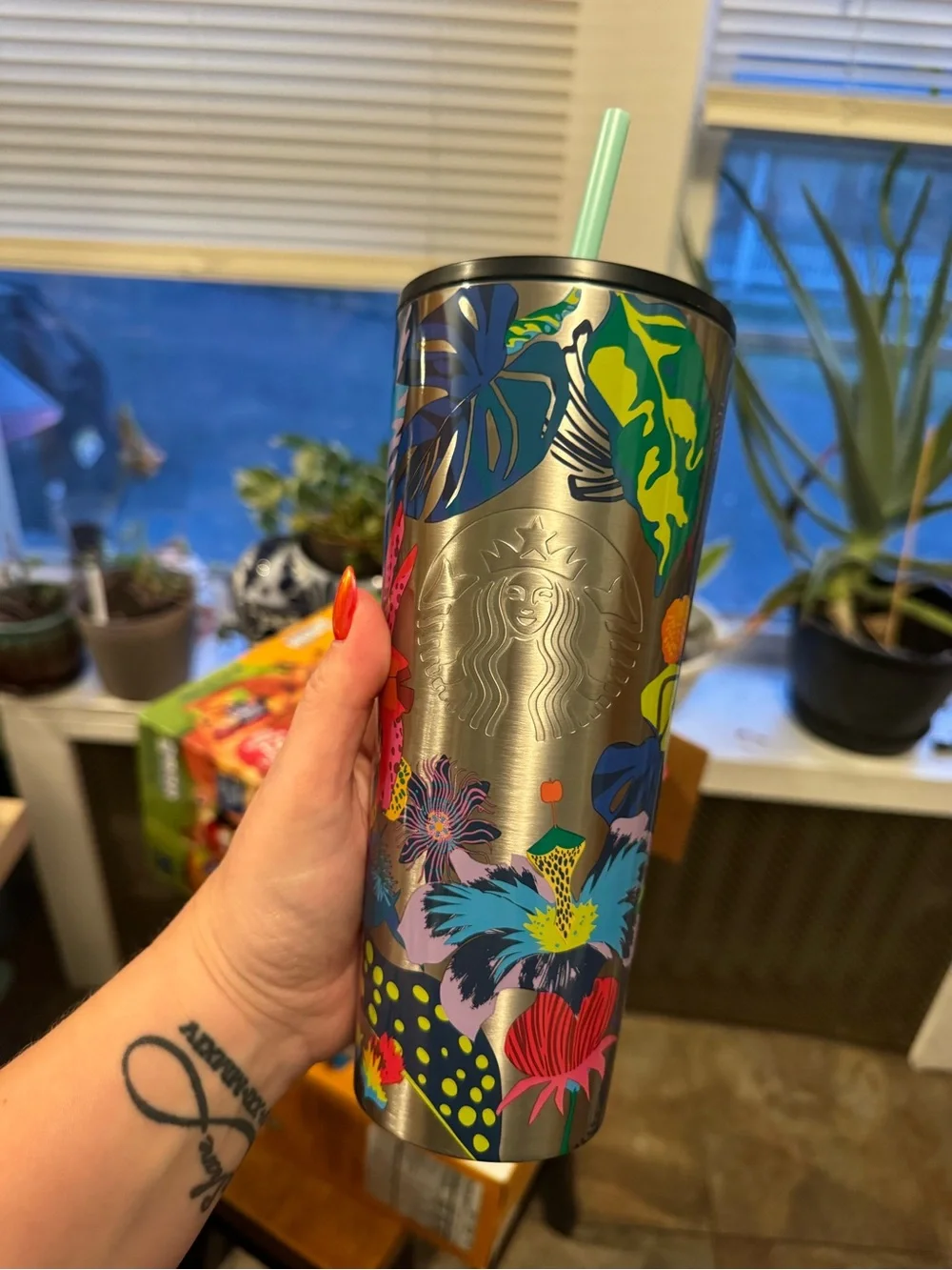 Starbucks Silver Tumbler with Multicolor Tropical Floral Design